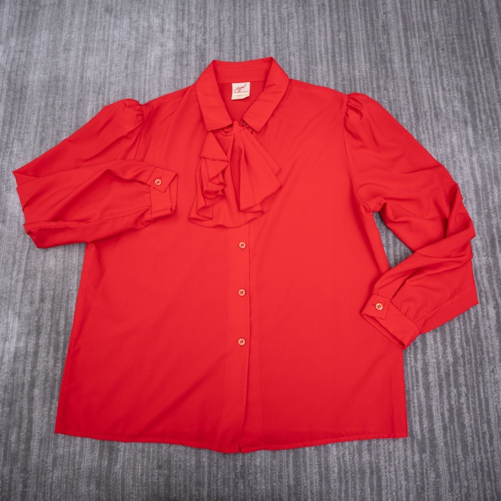 Vintage GW Division of Graff Red Jabot Ruffle Blouse Long Sleeve 16‎ USA Made
